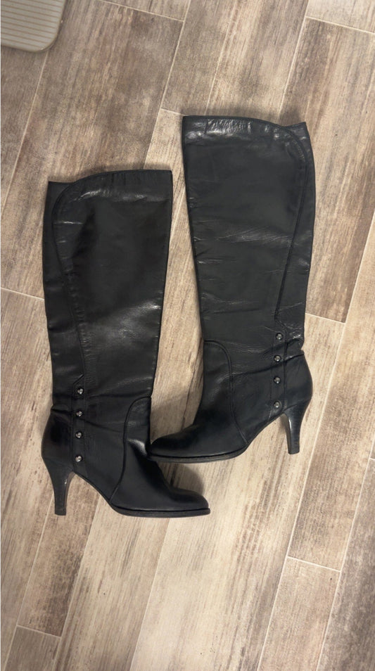 Black Knee High Leather Heeled Boots Shoes Women's Size 6