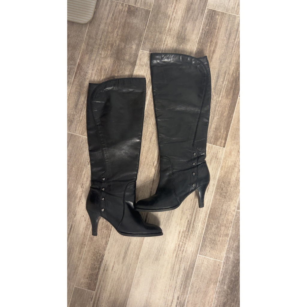 Black Knee High Leather Heeled Boots Shoes Women's Size 6