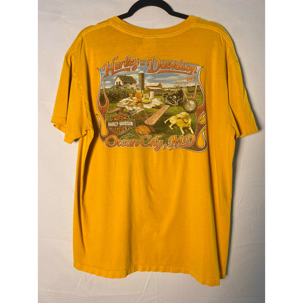 Harley Davidson Ocean City, Maryland Graphic Print Yellow Shirt Pocket Tee XL