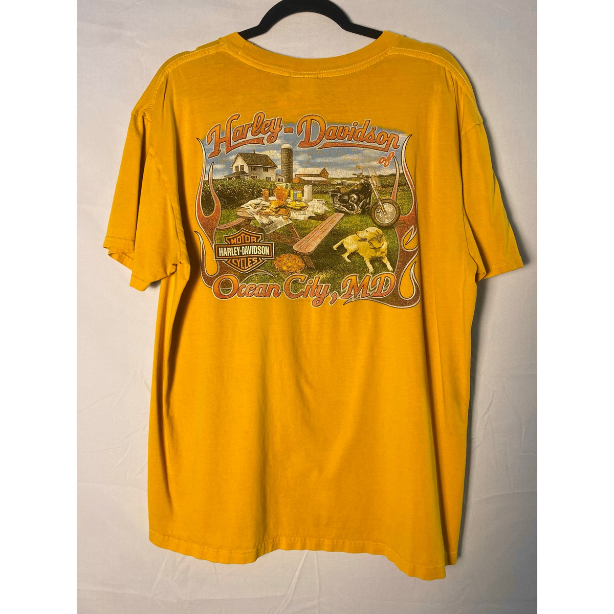 Harley Davidson Ocean City, Maryland Graphic Print Yellow Shirt Pocket Tee XL