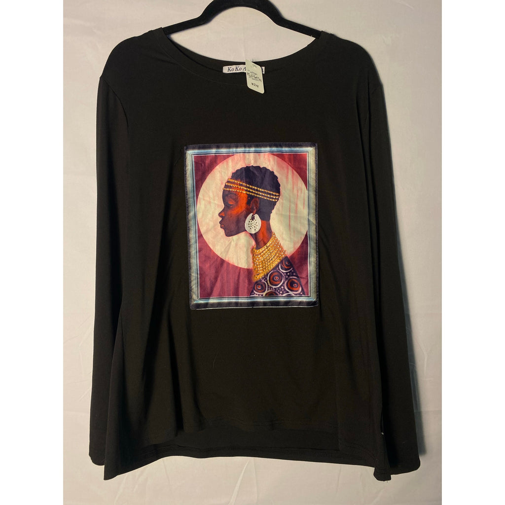 Ko Ko Ailis Purple Woman Bedazzled Graphic Print Black Long Sleeve Shirt 2XL