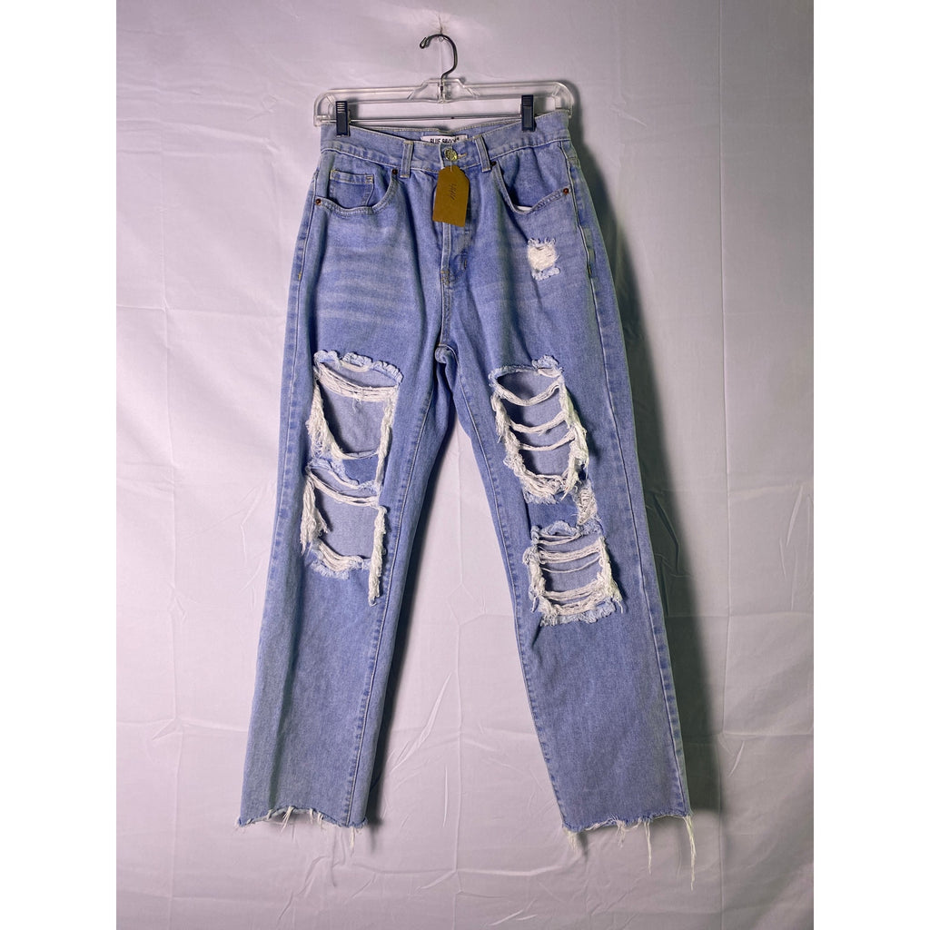 Blue Savvy Ripped Distressed Light Wash Denim Straight Leg Jeans Raw Hem Size 28