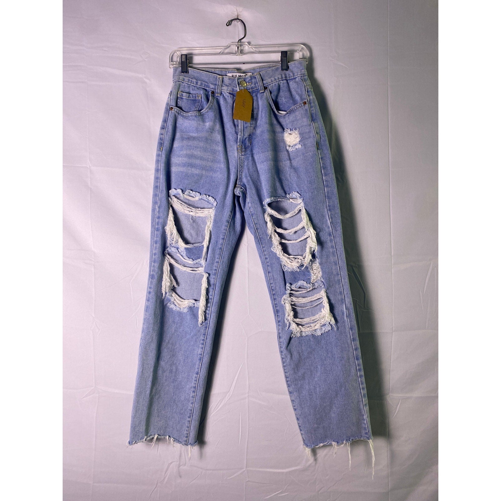 Blue Savvy Ripped Distressed Light Wash Denim Straight Leg Jeans Raw Hem Size 28