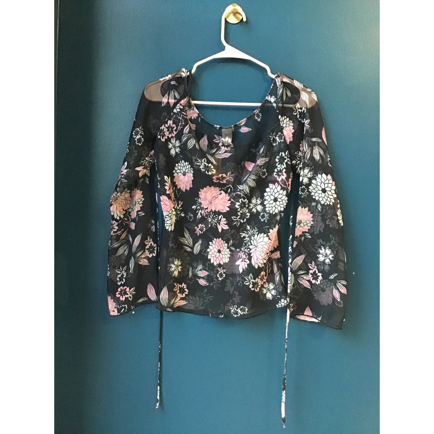 Anxiety See Through Floral Shirt Long Sleeve Back Tie Waist Women's Size Medium