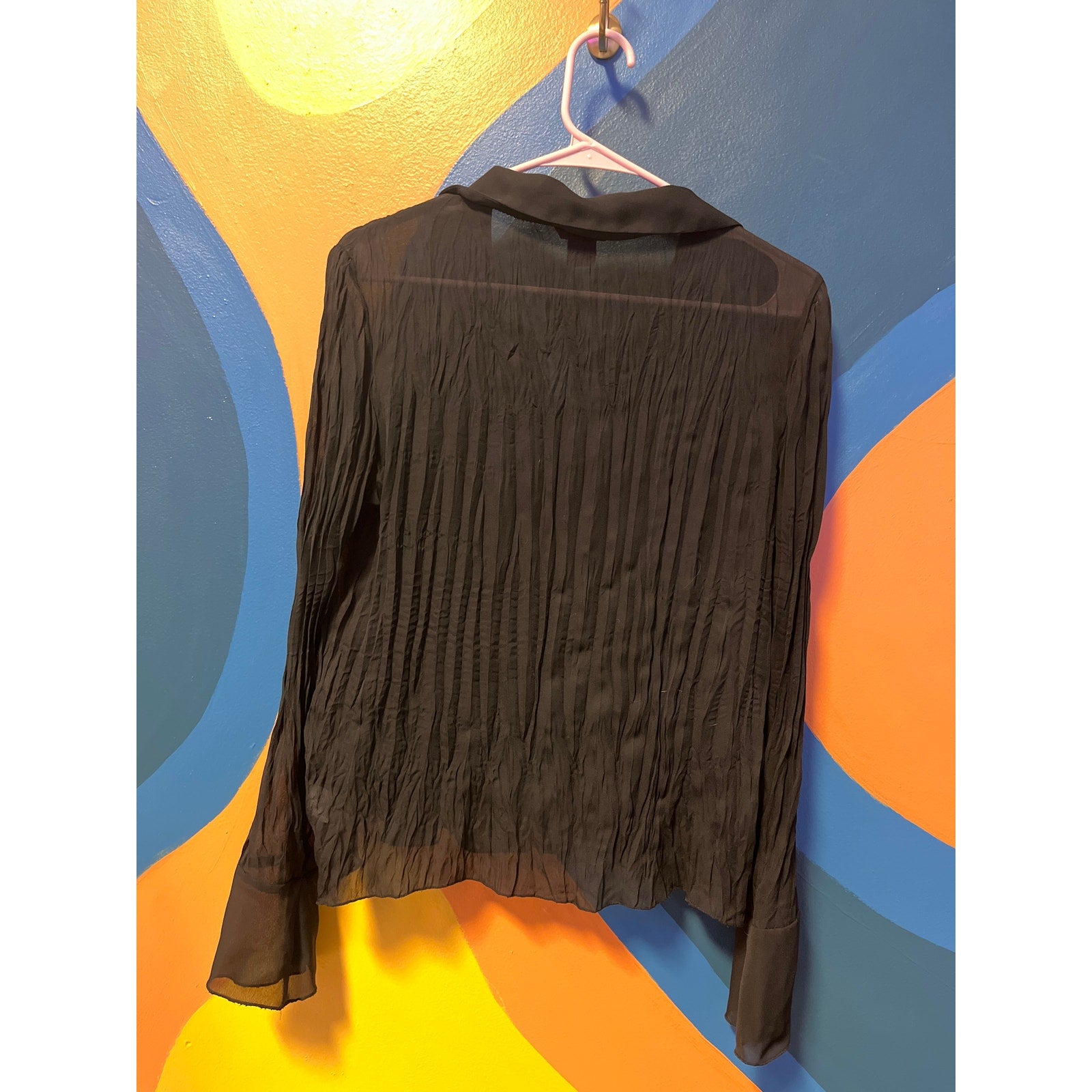 Sunny Leigh Black Ruffled Lace Button Up Long Sleeve Blouse Women's Size Large