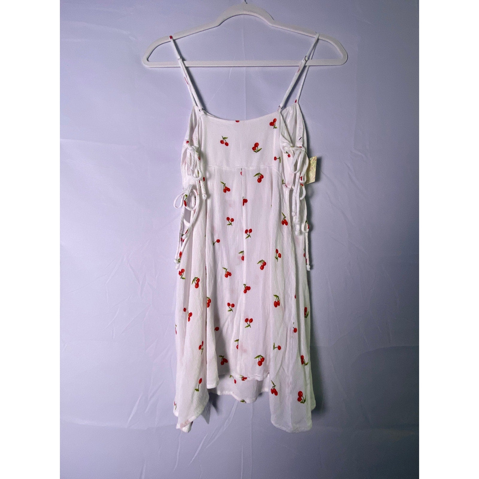 Free People Women's White Red Cherry Print Babydoll Sundress w/ Side Ties Small