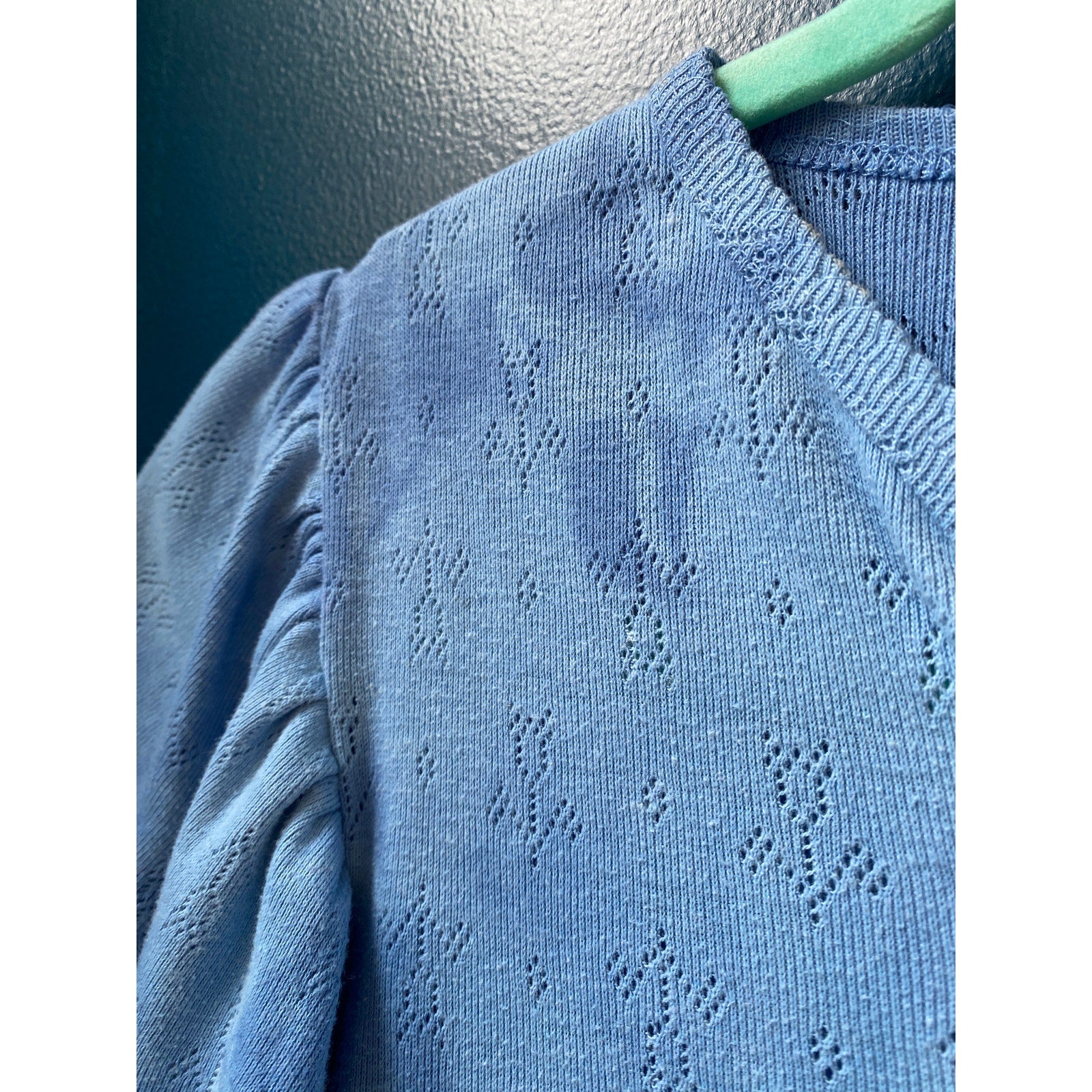 Vintage 80s Hand-Dyed Pointelle Blue V-neck Knit Top Ruffled Short Sleeve Small