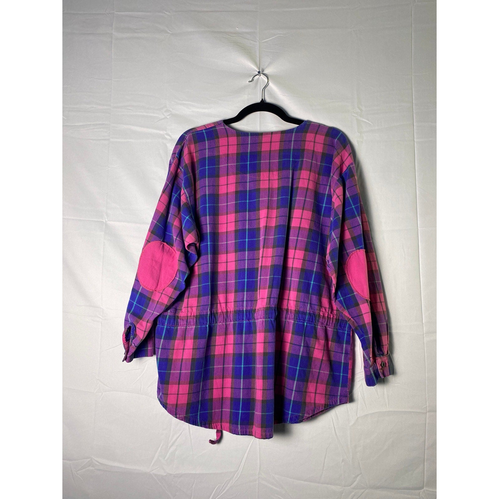 Pink Blue Plaid Waist Tie Button Up Blouse Women's Size Large