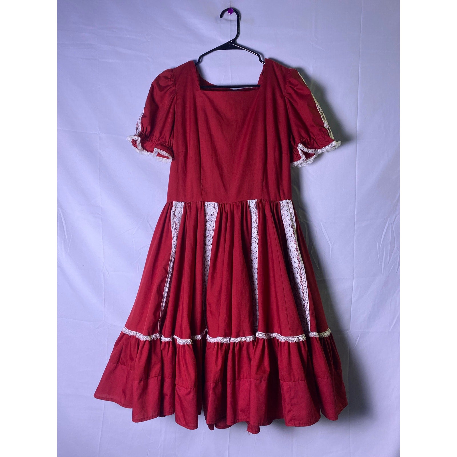 Vintage 70s Red Handmade A-line Ruffled Dress Square Neck Bust 33" &nbsp;Waist 31"