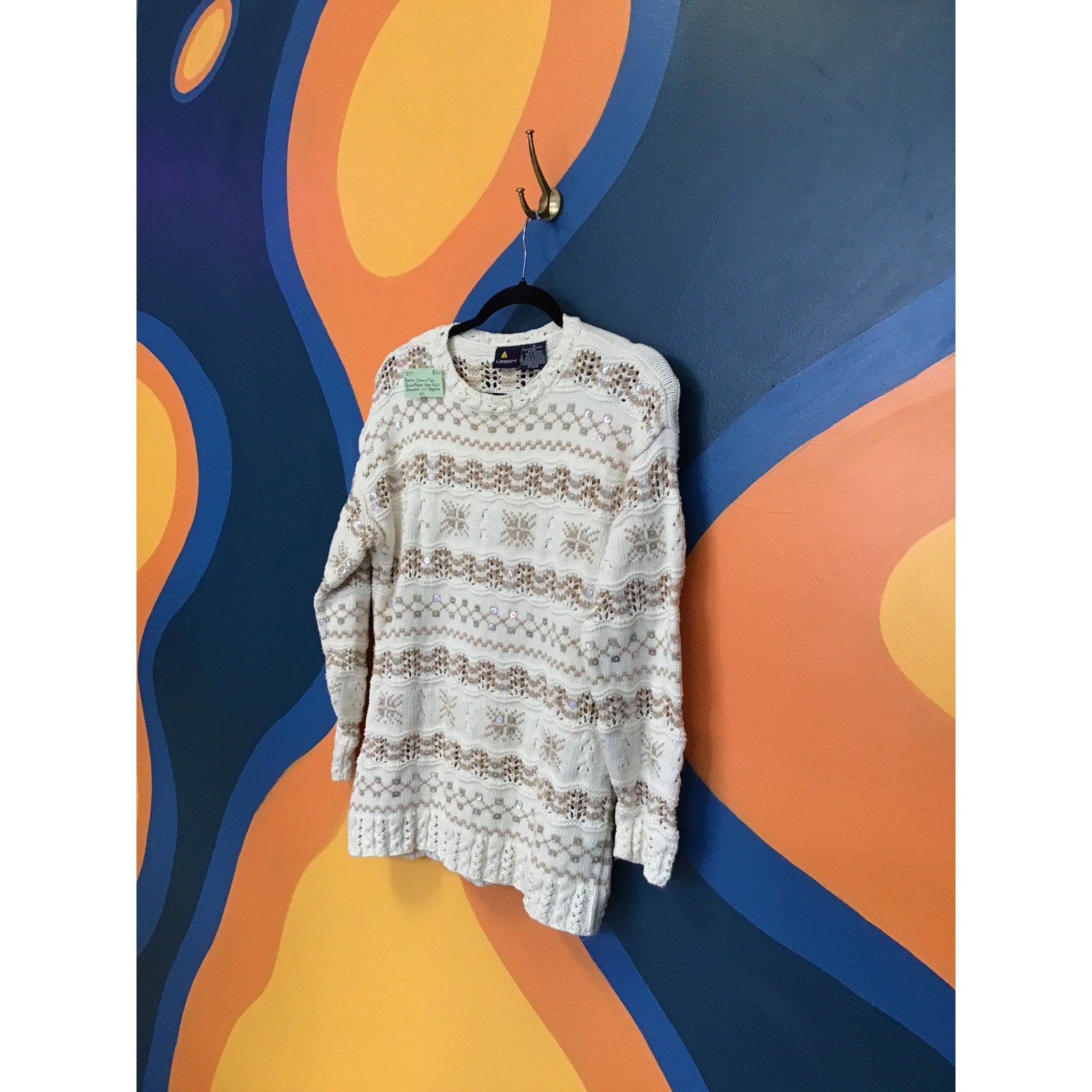 Lizsport Retro Cream Tan Snowflake Open Knit Pullover Sweater w/ Sequins Medium