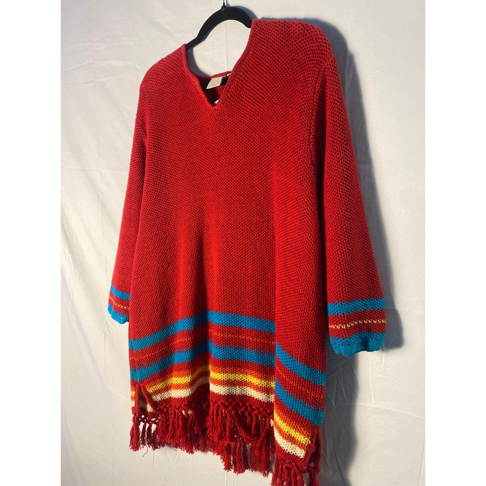 Vintage Fiorlini International Red Knit Poncho Sweater Multicolor Stripe Fringed Hem Size XL