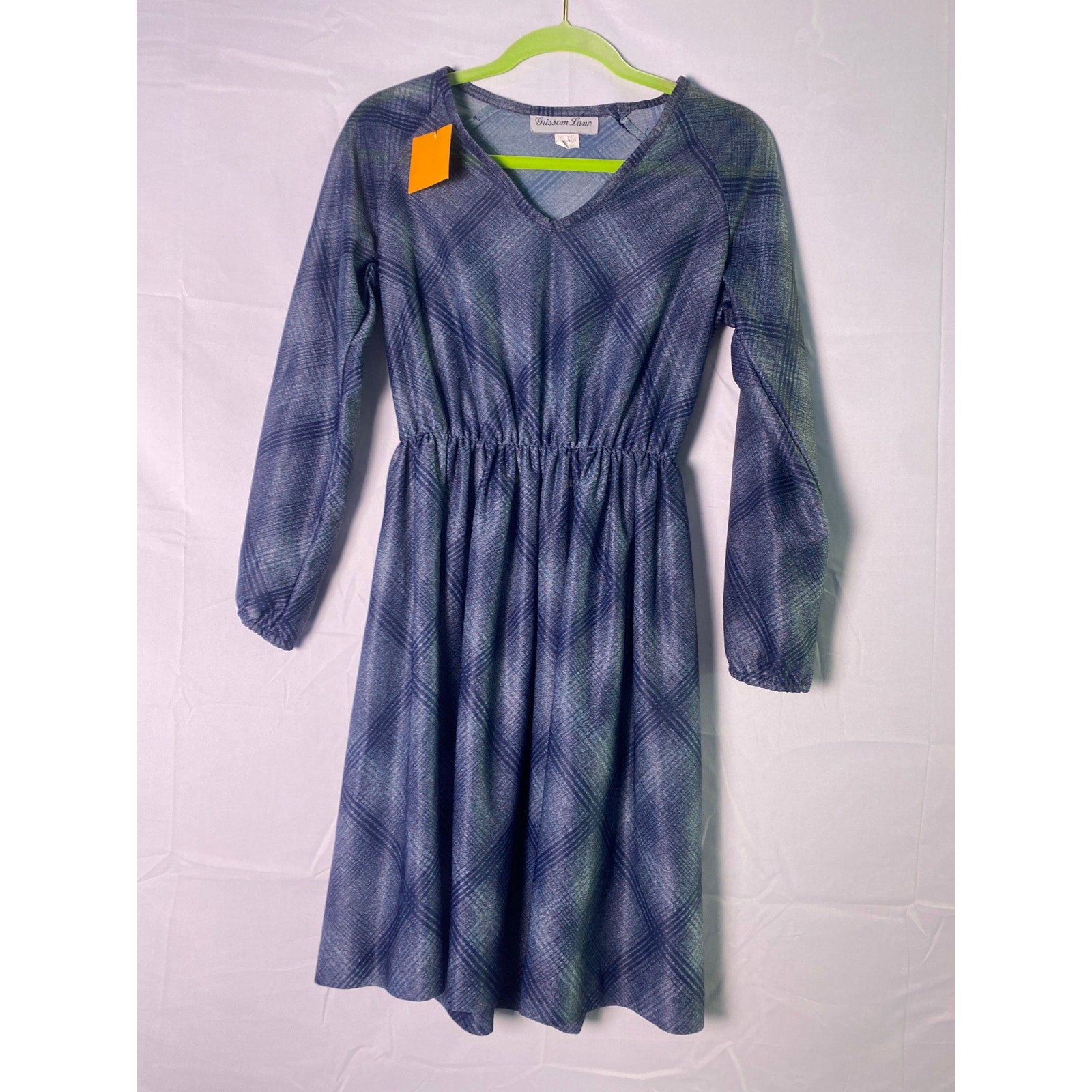 Vintage 70s Grissom Lane Teal Plaid Sheer Poly-Knit Dress Vneck Long Sleeve 9/10