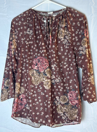 70s Vintage Brown Red Floral Long Sleeve Blouse Women's Size Medium