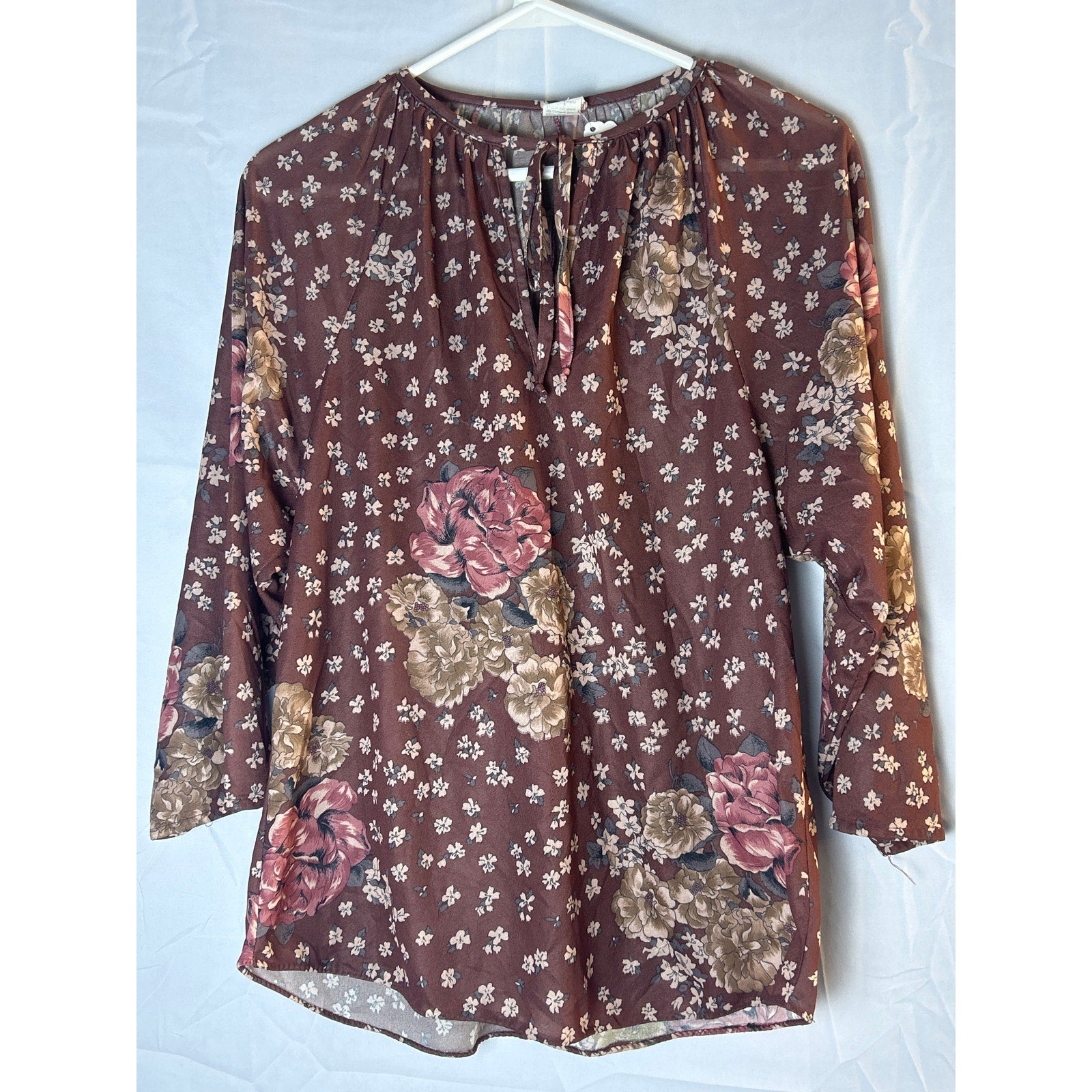 70s Vintage Brown Red Floral Long Sleeve Blouse Women's Size Medium