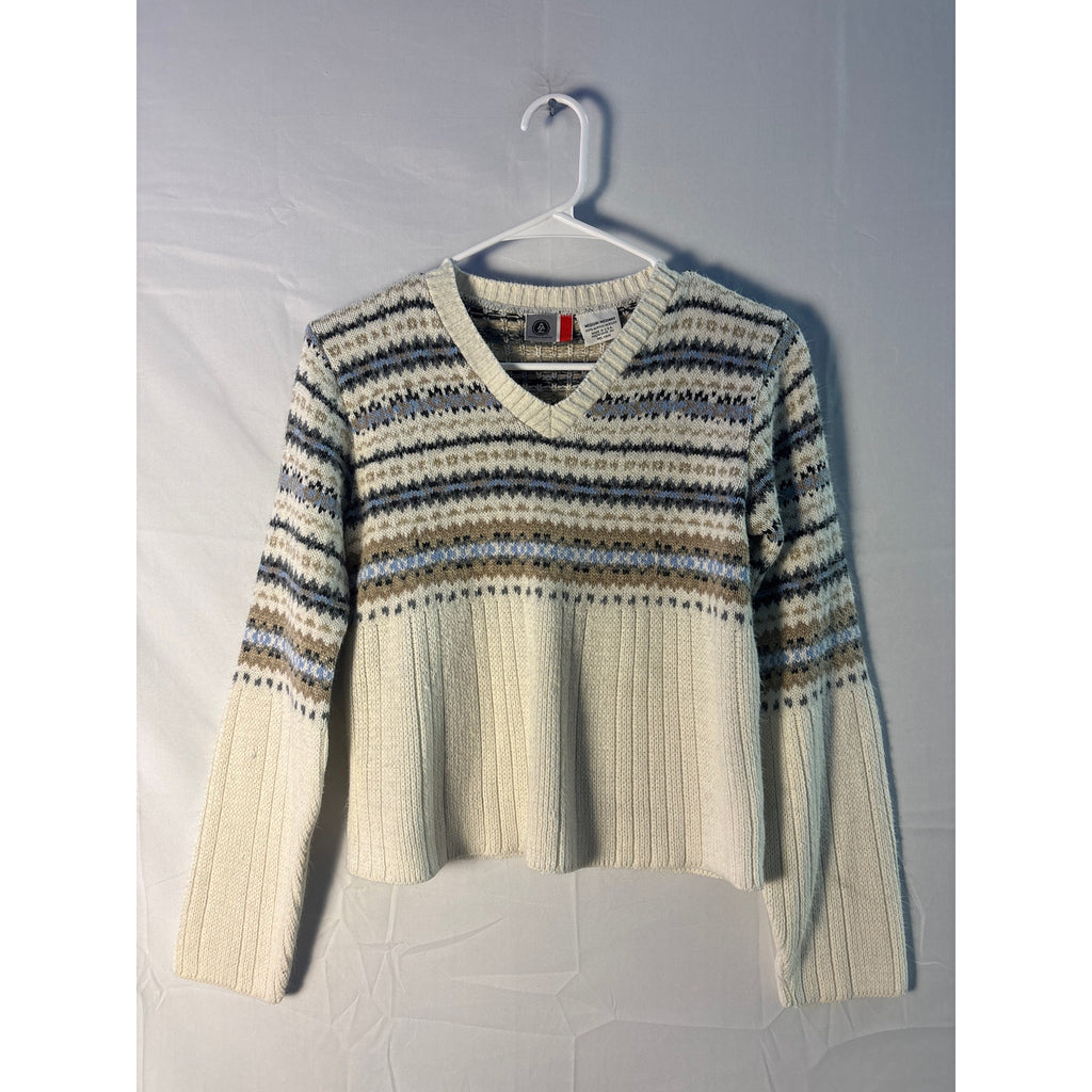 Vintage Arizona Jean Blue Ivory Fair Isle Stripes V-neck Pullover Sweater Women's Size Medium
