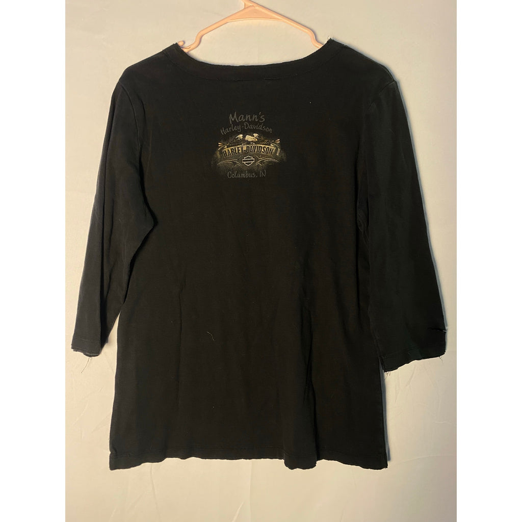 Harley Davidson Mann's Coumbus,IN &nbsp;V-neck Black Shirt 3/4 Sleeve Women's Size XL