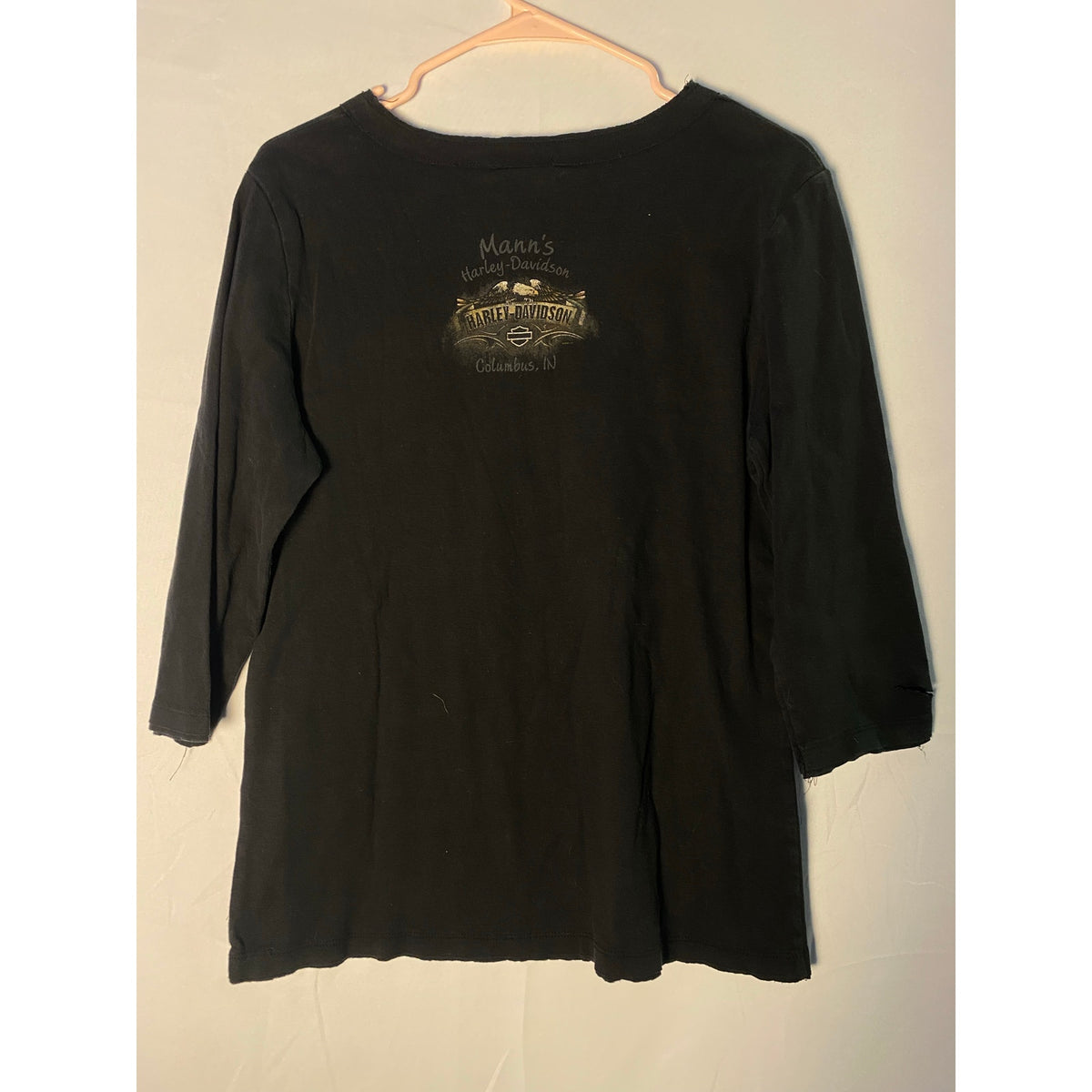 Harley Davidson Mann's Coumbus,IN &nbsp;V-neck Black Shirt 3/4 Sleeve Women's Size XL