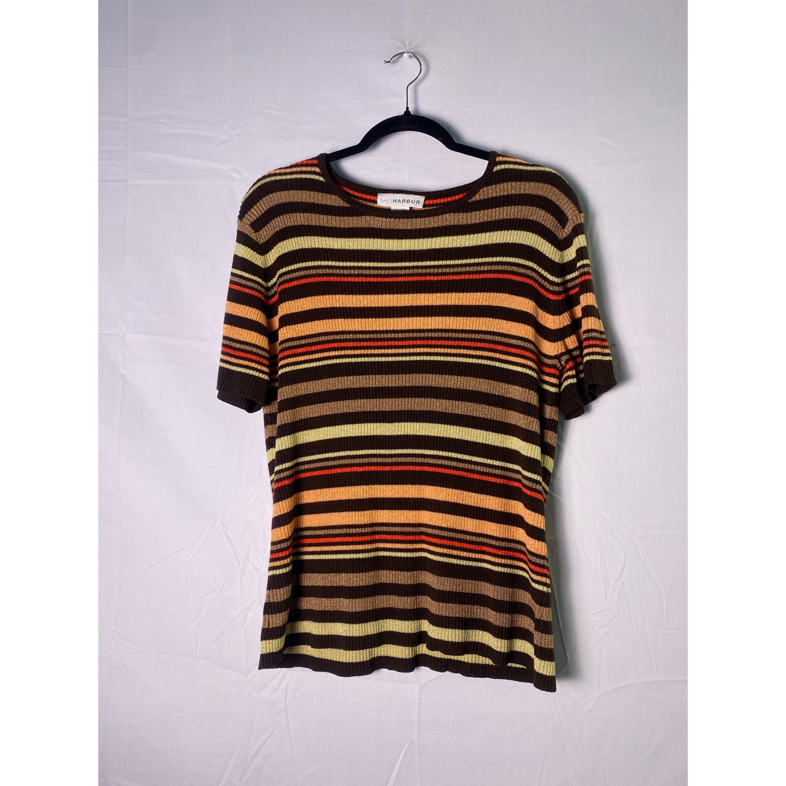 Vintage Sag Harbor Brown Orange Metallic Stripe Short Sleeve Sweater Women's XL