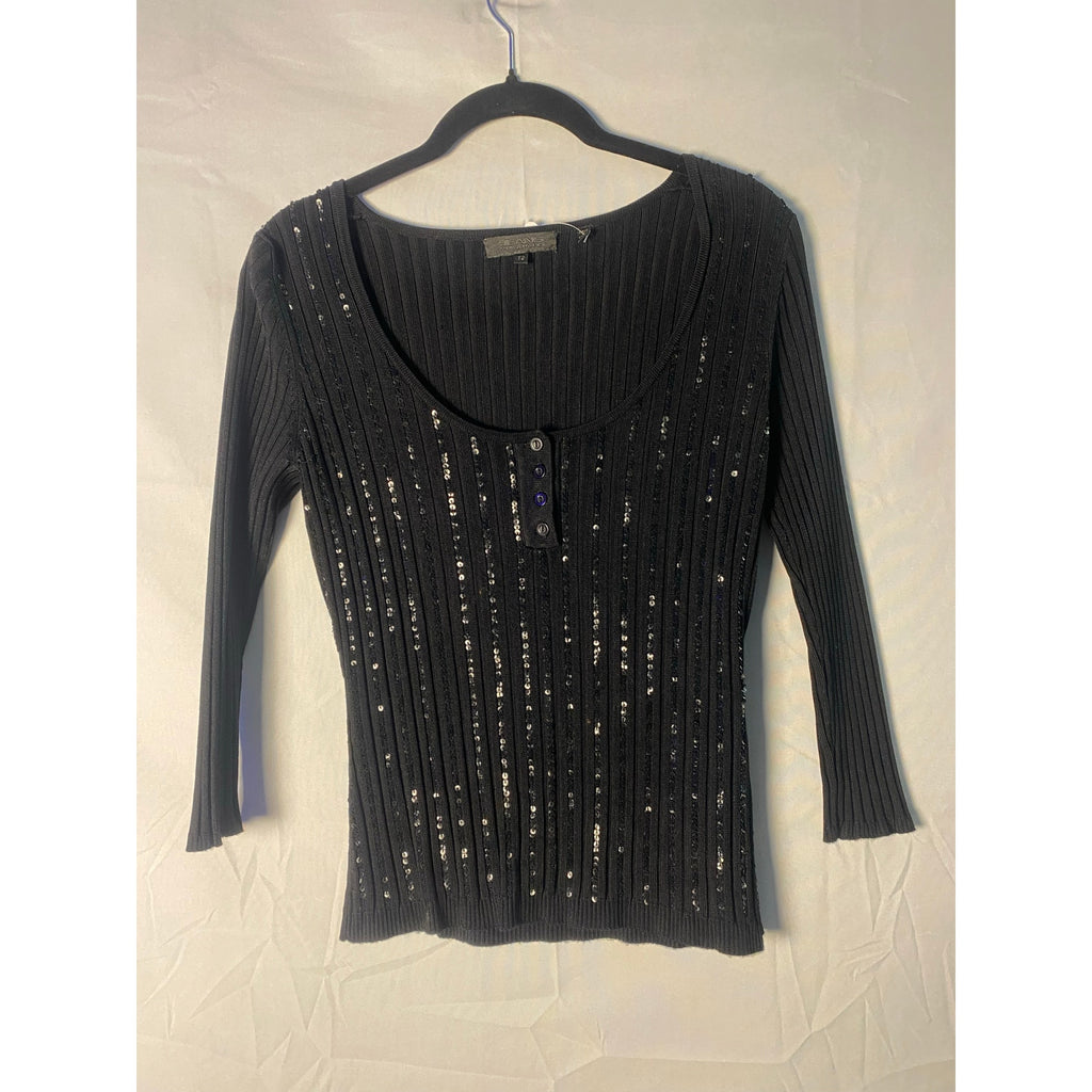 Yuka Paris Black Sequin Scoop Neck Collar Ribbed Long Sleeve Women's Size Large