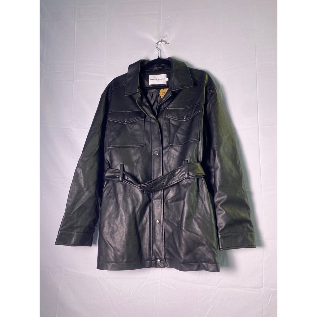 Rebecca Minkoff Black Vegan Faux Leather Belted Trench Jacket w/ Pockets Size XL