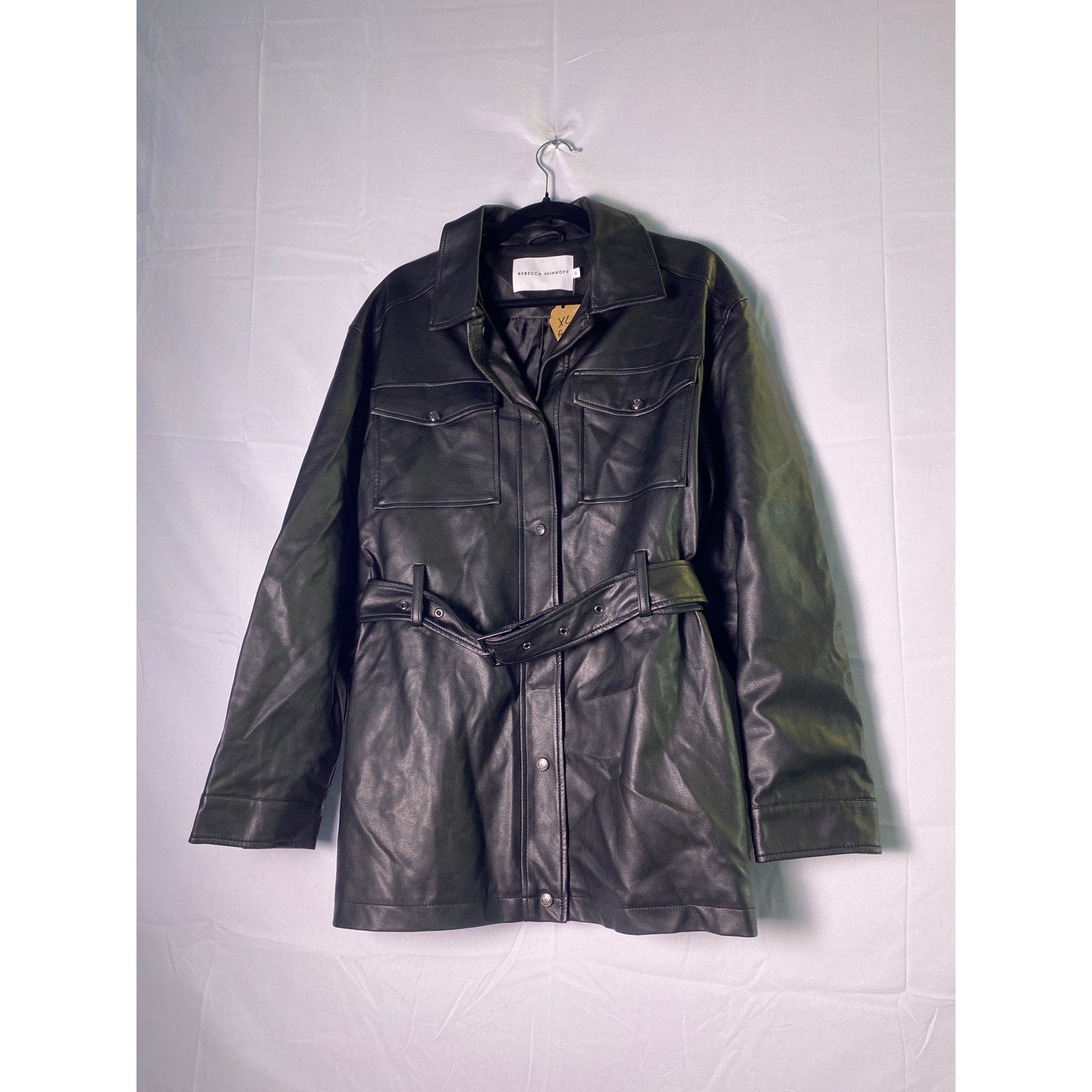 Rebecca Minkoff Black Vegan Faux Leather Belted Trench Jacket w/ Pockets Size XL