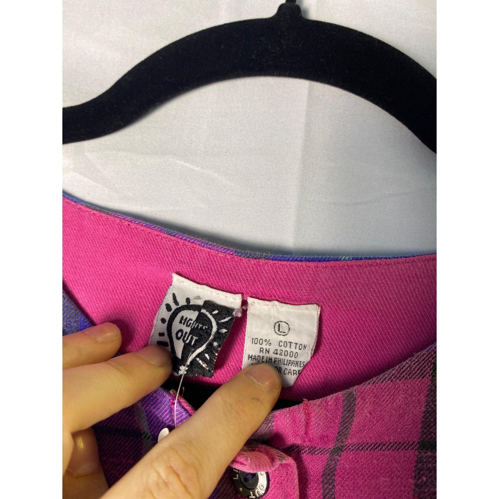 Pink Blue Plaid Waist Tie Button Up Blouse Women's Size Large
