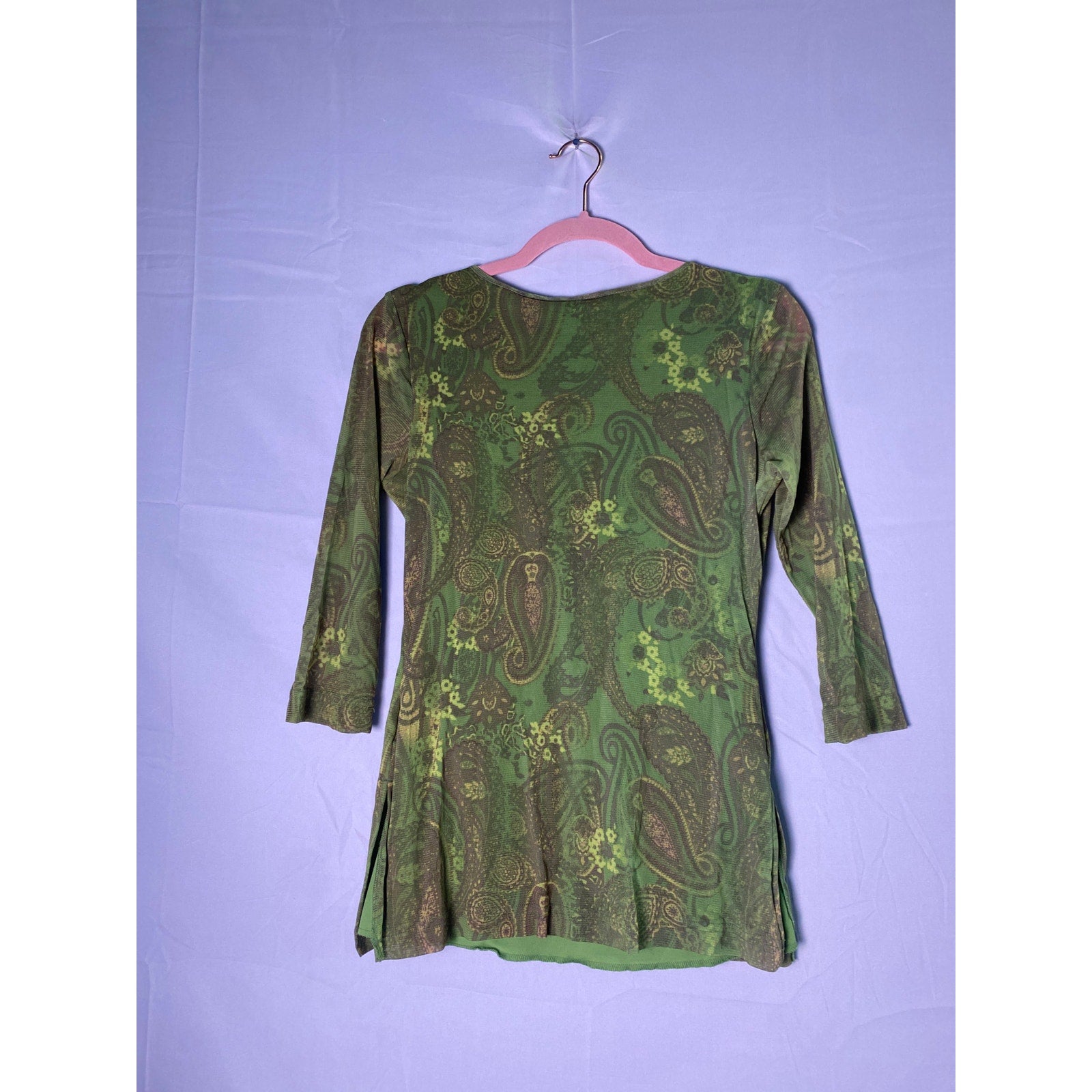 Y2K Faded Glory Green Mesh Paisley Top with Sequins 3/4 Sleeve Women's Small