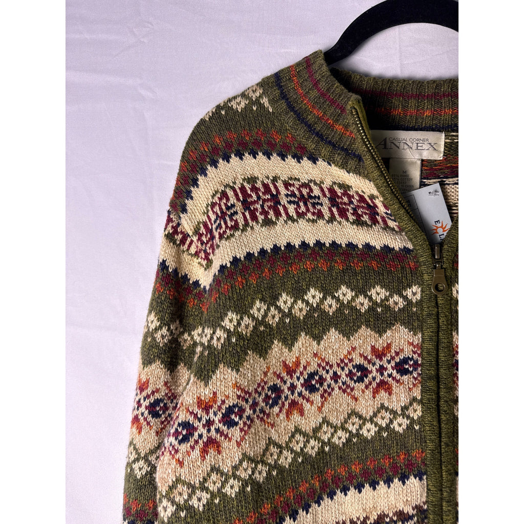 Casual Corner Annex Knit Green Brown Full Zip Cardigan Nordic Print Women Medium
