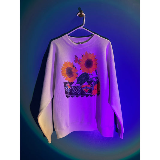 Vintage Sunflower Print White Crew Neck Sweatshirt Women's Size Large