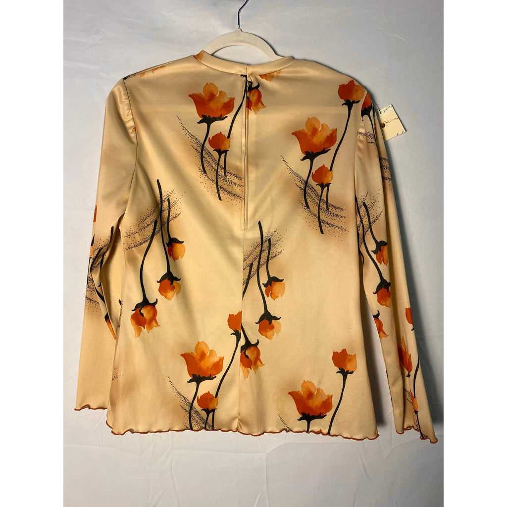 Vintage 70s Bayberry Orange Tulip Print Long Sleeve Blouse Women's Size Large