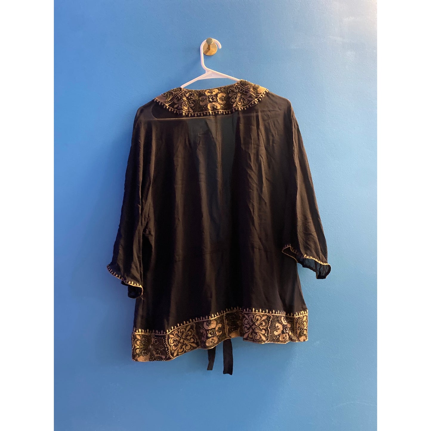 Chico's 100% Silk Black Beaded Floral Sheer Front Tie Cardigan Small/Medium