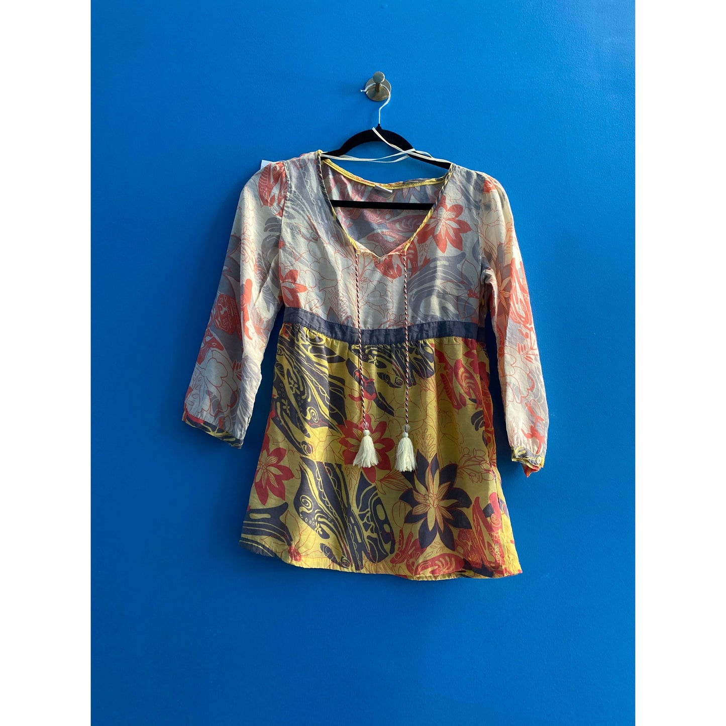Y2K Esprit Yellow Orange Groovy Floral Cotton Voile Babydoll Top Women's Size 4