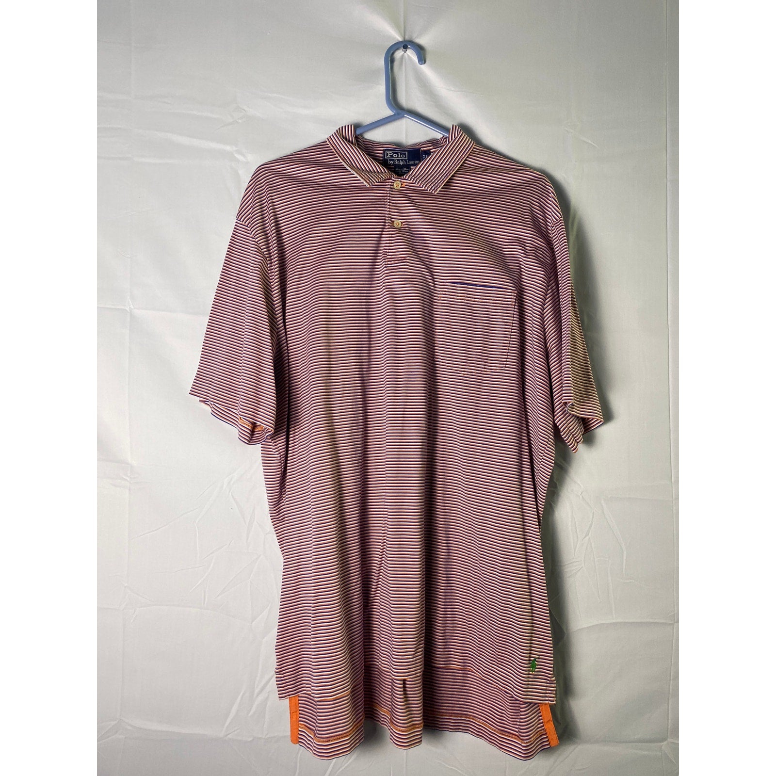 Polo Ralph Lauren Blue Orange White Striped 1/4 Button Polo Shirt Men's Size XL