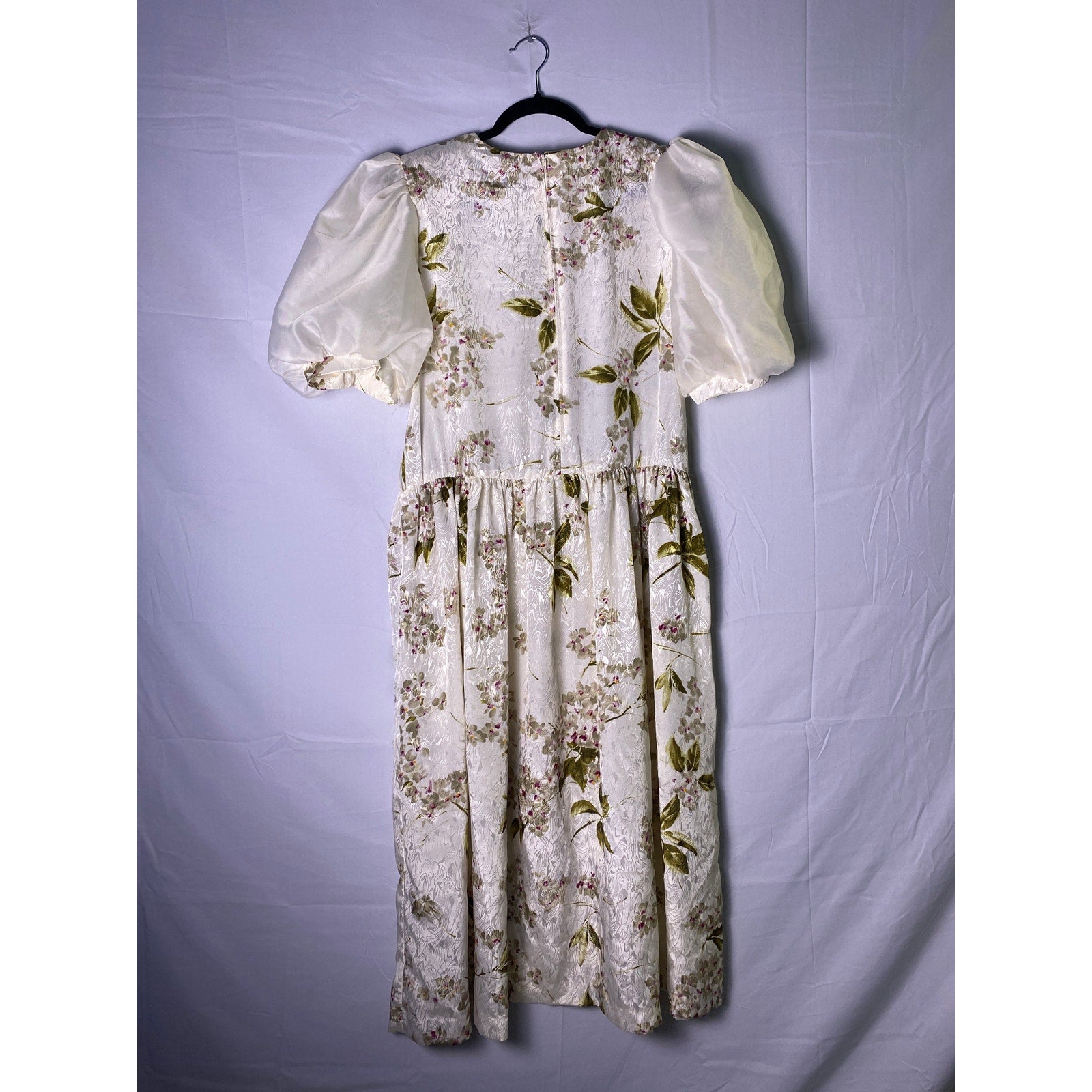 Vintage Terri Ellen White Pink Puff Sleeve Knee Length Floral Dress Women's L/XL