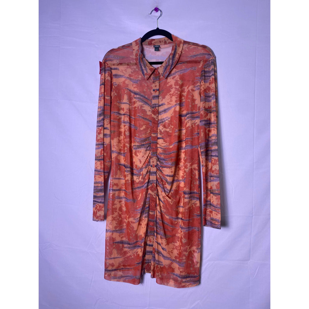 Wild Fable Orange Tie Dye Mesh Button-Down Dress Long Sleeve Women's Large