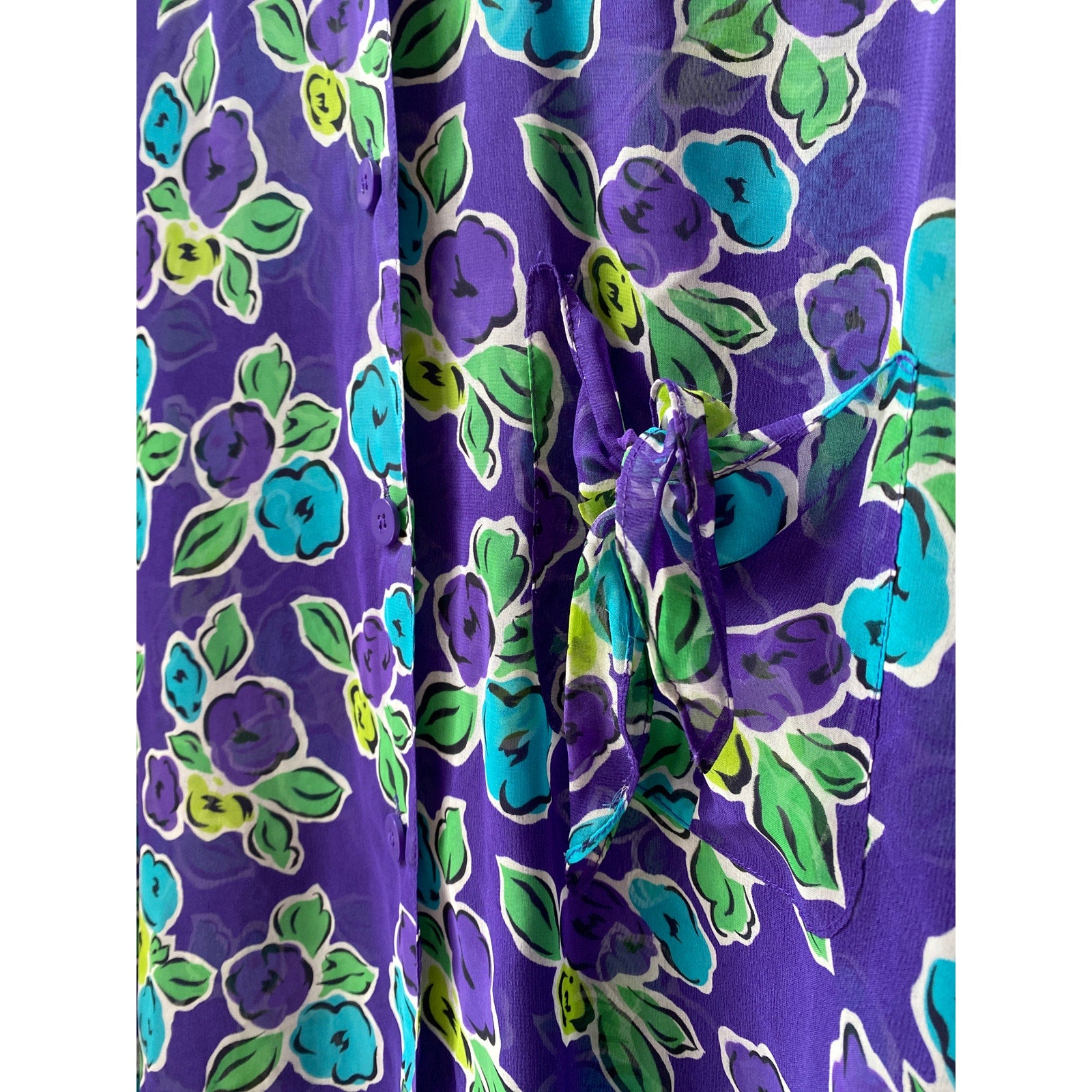 Vintage 80s Chaus Blue Purple Green Floral Chiffon Button Up Blouse Plus 18W