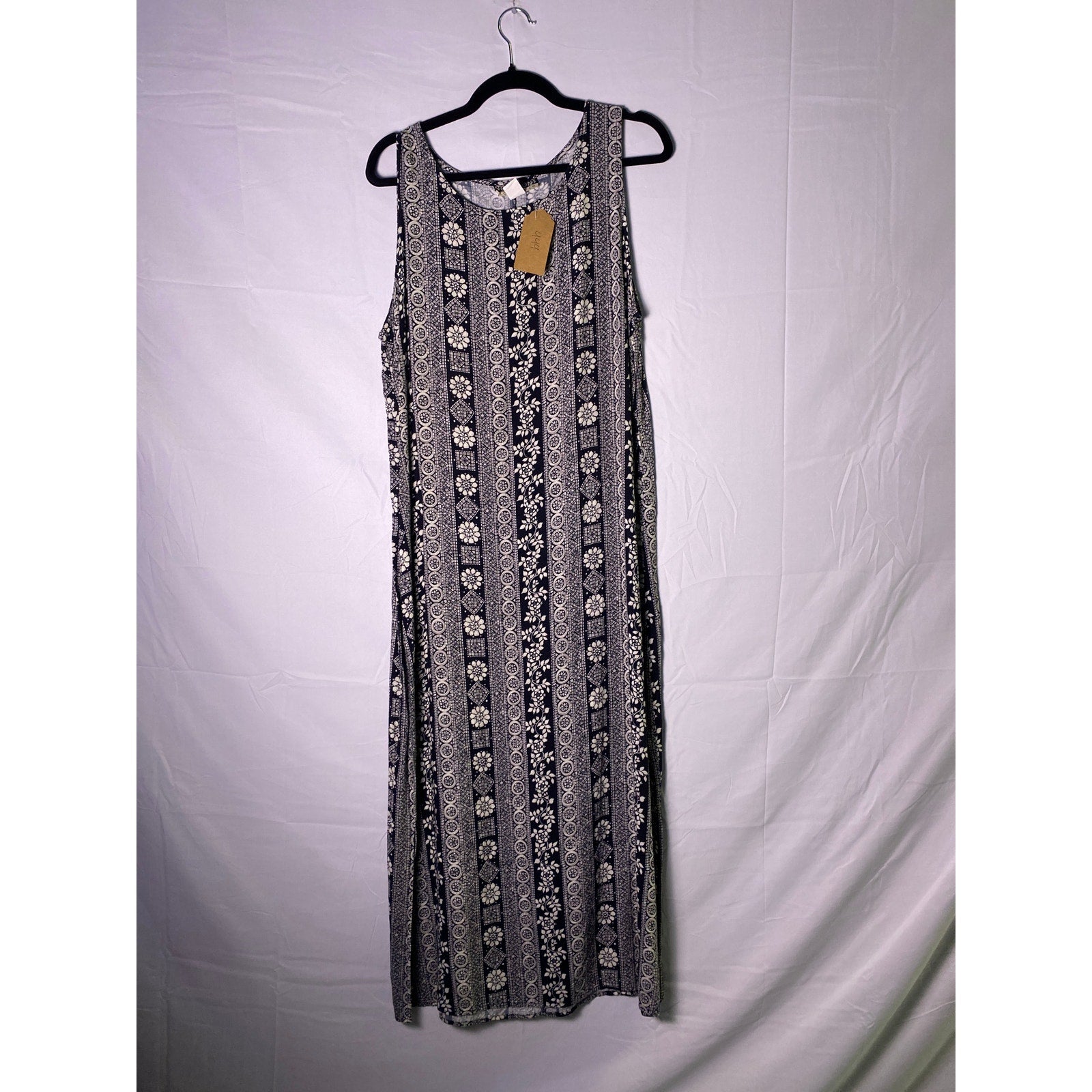 Vintage Notations Women's Black White Floral Geo Print Maxi Dress Sleeveless XL