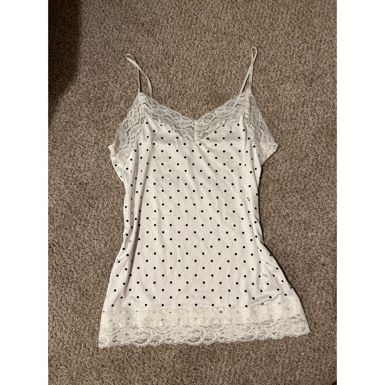 Vintage White House Black Market Black Polka Dot White Floral Lace Top Womens M