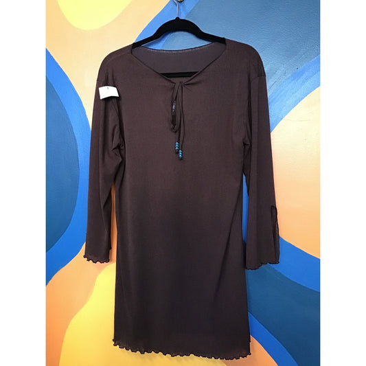Y2K Brown Mesh Fairy Tunic Shirt Dress Long Sleeve Front Tie Women's Medium