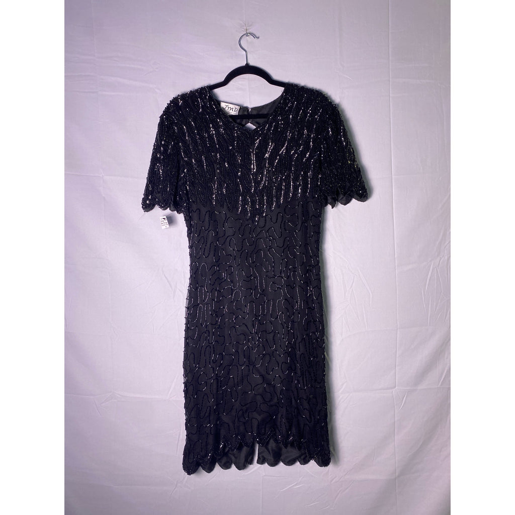 Vintage 80s-90s JMD Women's Black Silk Blend Sequin Beads Cocktail Dress Size XL