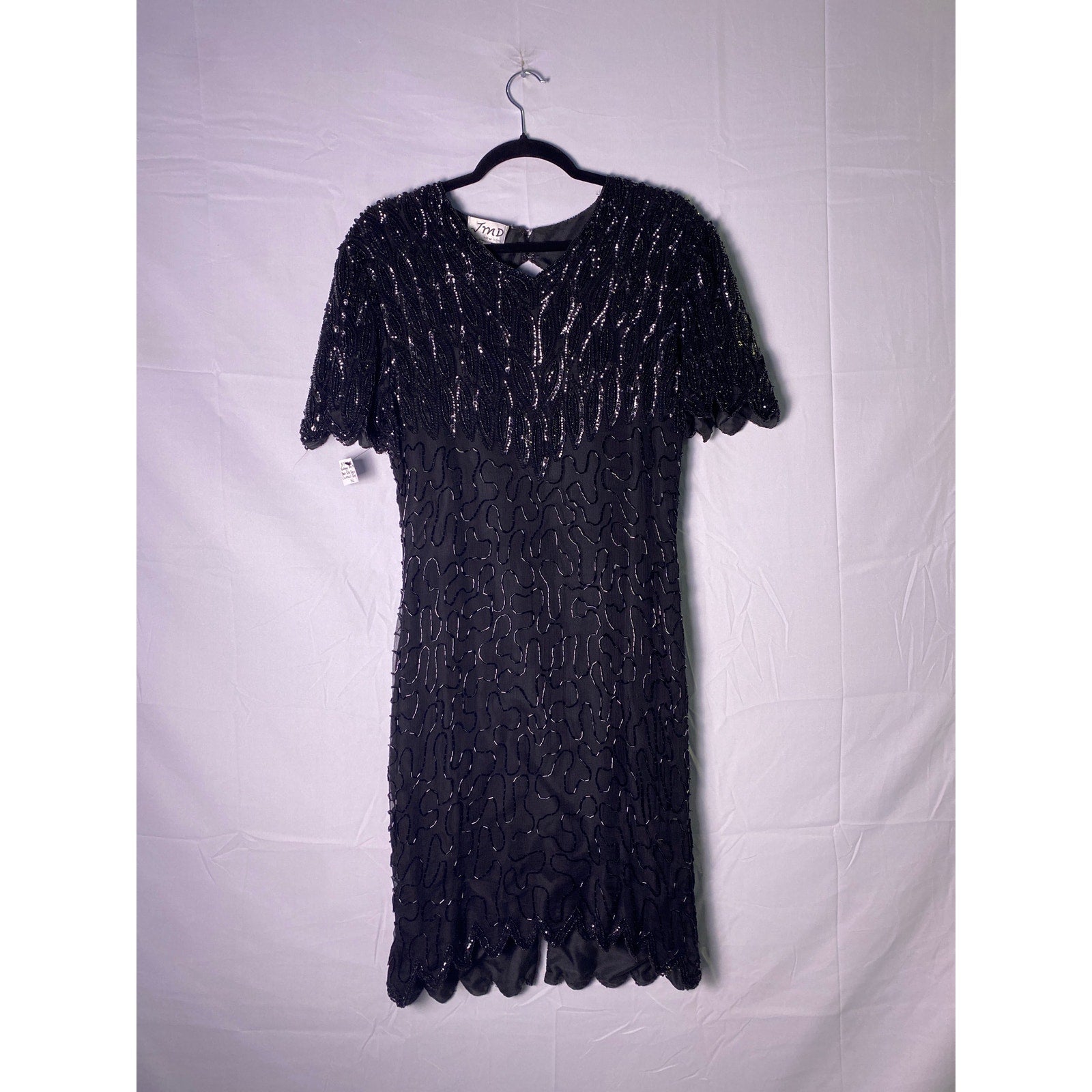 Vintage 80s-90s JMD Women's Black Silk Blend Sequin Beads Cocktail Dress Size XL