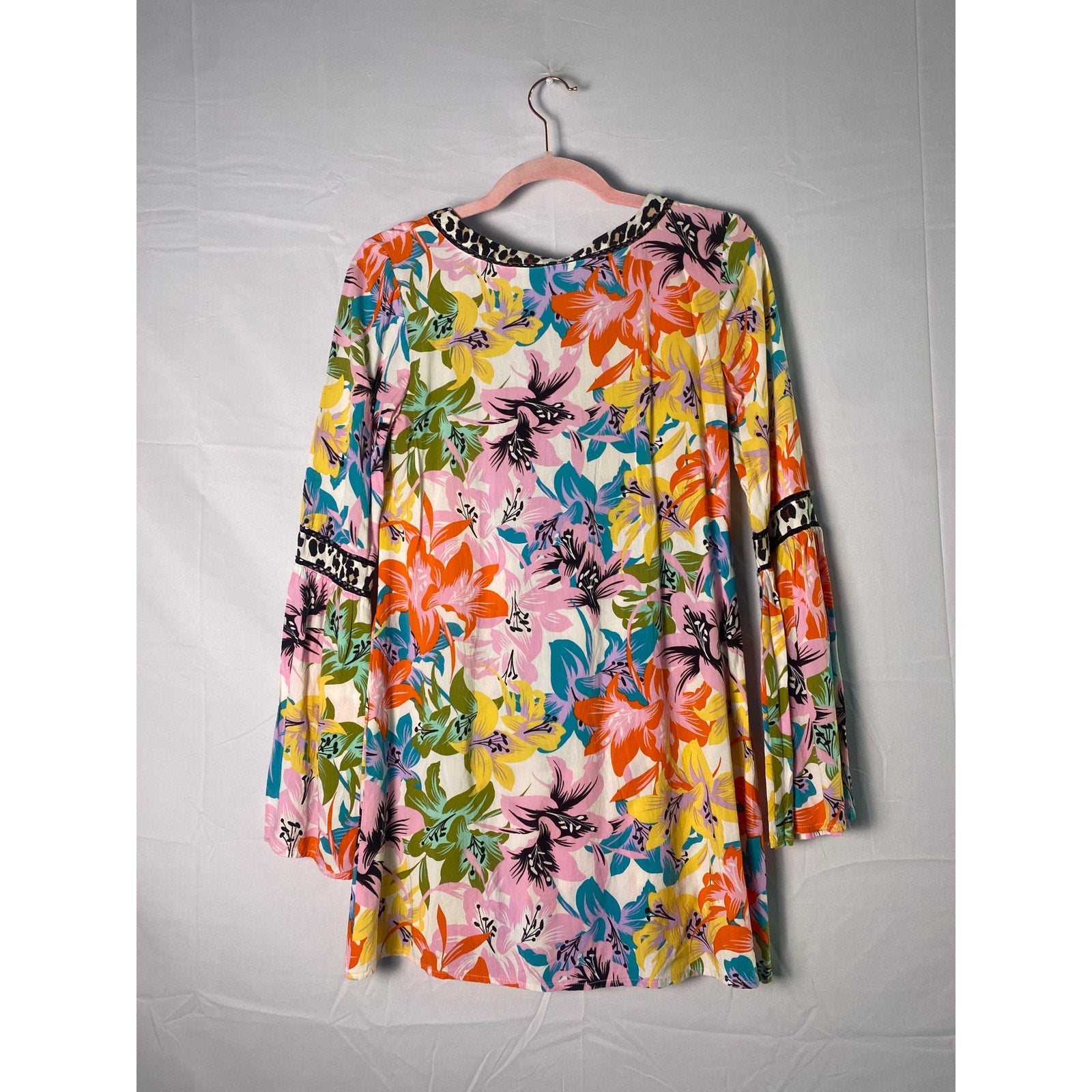 Nanette Lepore Copa Cubana Leopard Floral Lace-Up Bell-Sleeve Cover-Up Tunic XS