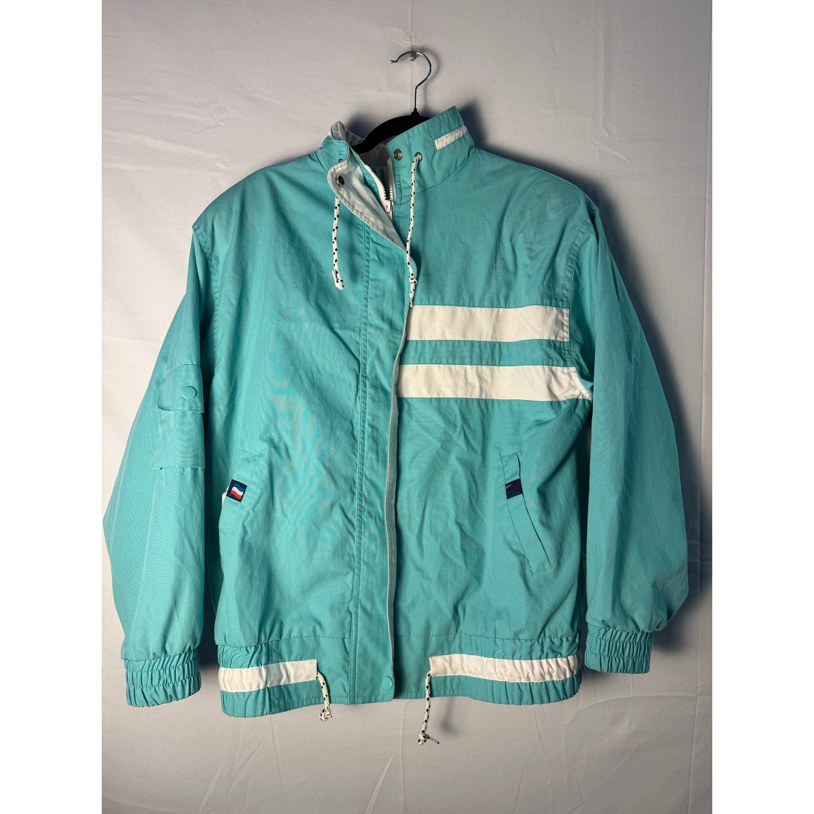 Vintage PA Teal White Windbreaker Jacket Drawstring Mock Neck Full Zip Medium