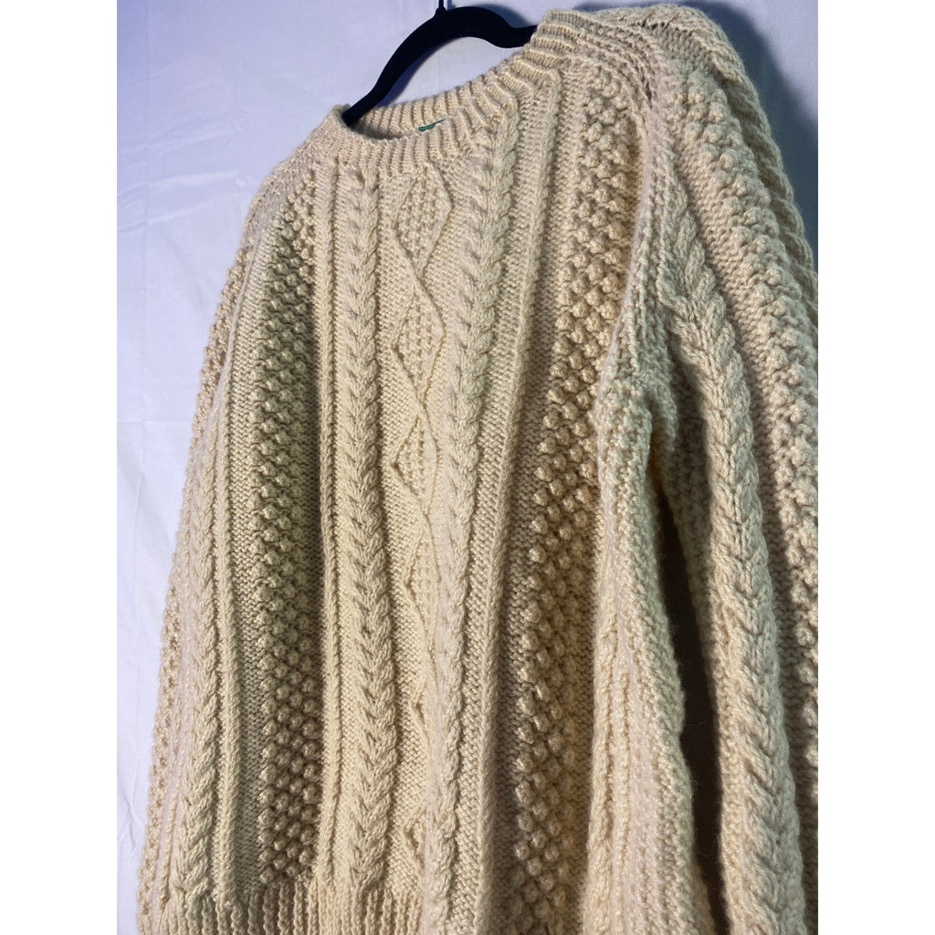 100% Wool Off White Cable Knit Sweater Crewneck Pullover Men's Size Large