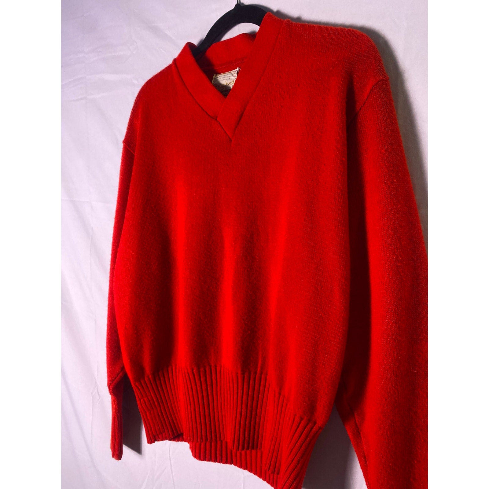Vintage 60s Sand Knit Varsity Acrylic Red Knitted Sweater V-neck Pullover Large