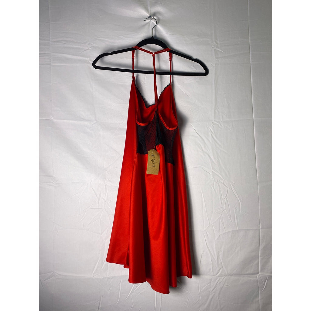Red Mini High Neck Sexy Back Slip Dress w/ Floral Black Lace Women's Size Large
