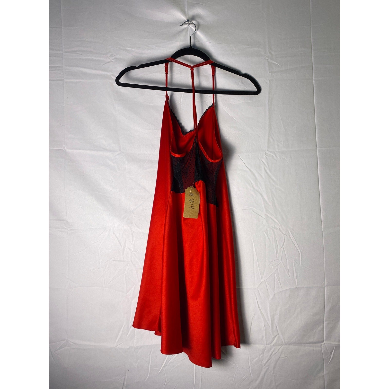 Red Mini High Neck Sexy Back Slip Dress w/ Floral Black Lace Women's Size Large