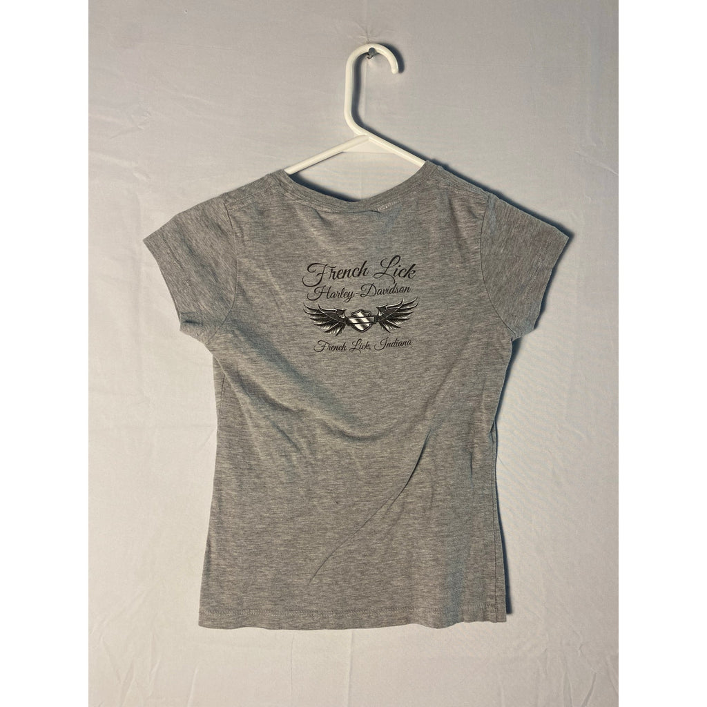 Harley-Davidson Wings Blue Gray V-neck Shirt French Lick, IN Women's Size Small