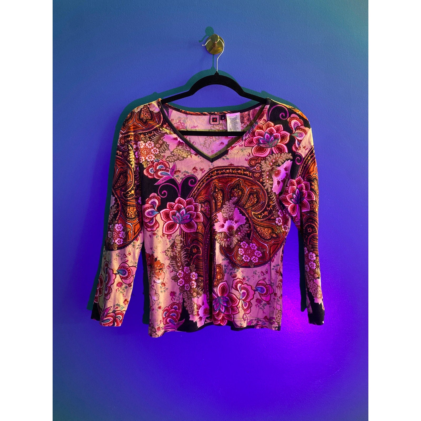 Y2K Forbidden V-neck Long Sleeve Floral Multicolor Shirt Women's Size Medium
