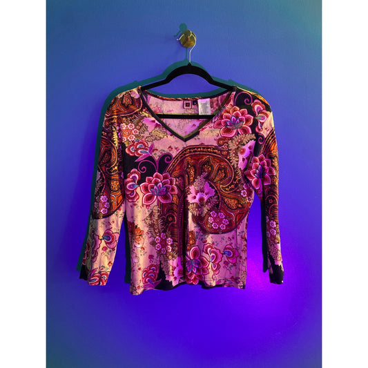 Y2K Forbidden V-neck Long Sleeve Floral Multicolor Shirt Women's Size Medium